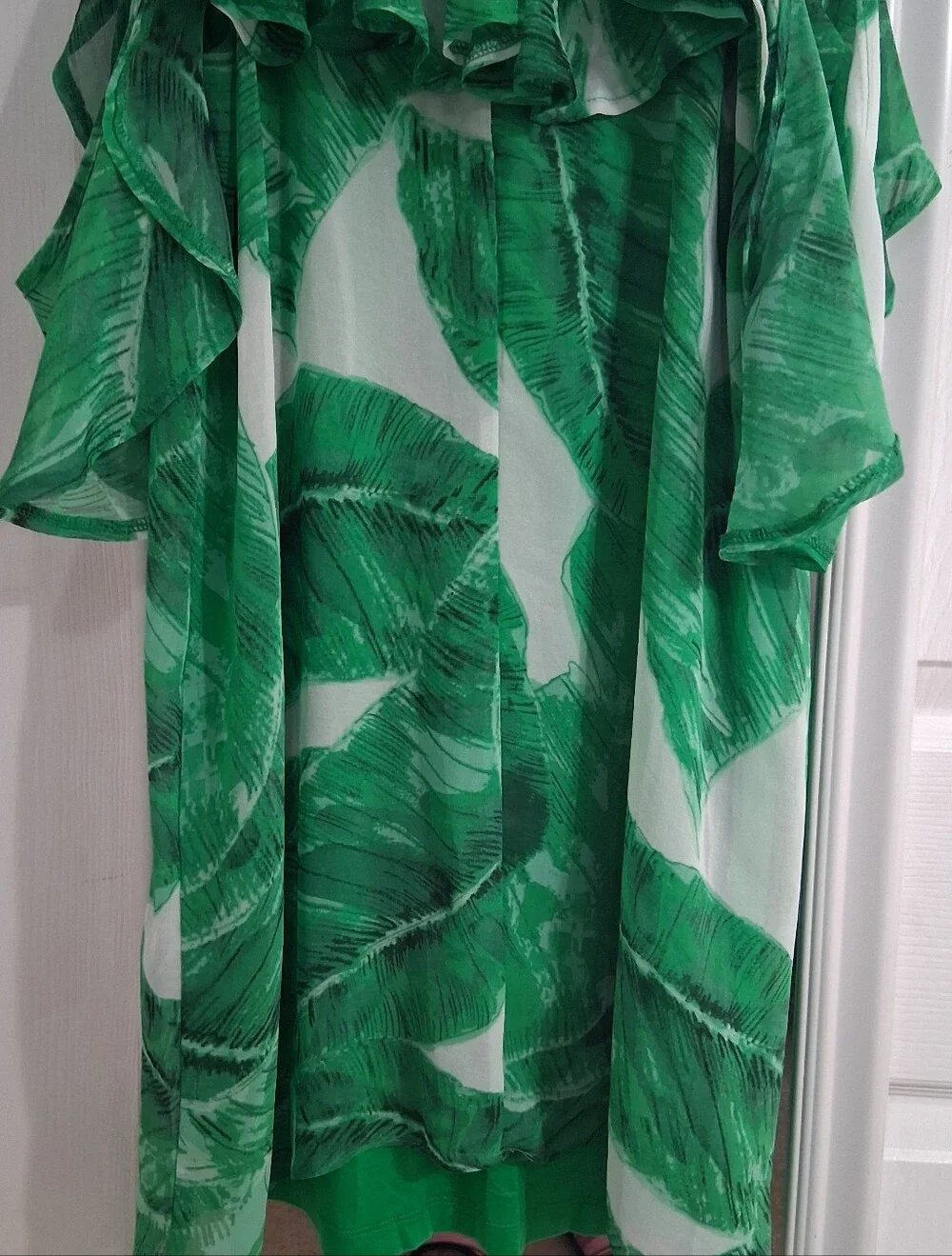 Olivacious Tropical Mini Dress With A Ruffled Cold Shoulder Hanging Sleeve